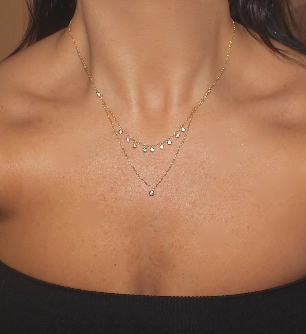 

Genuine 925 sterling silver charm double layer rose gold color with delicate round CZ stone pendent sexy women fashion necklaces