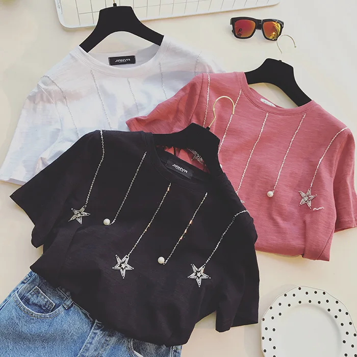 Buy Sequins Star Beaded t shirt women Summer tshirt