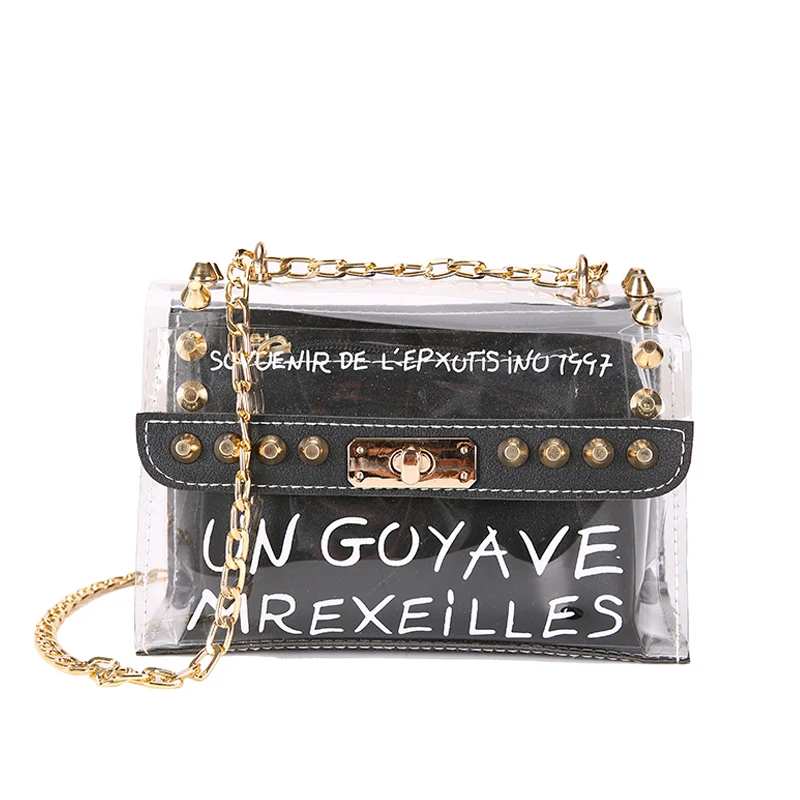 

Summer Fashion Handbag High Quality PVC Transparent Women Bag Sweet Printed Letter Square Phone Bag Chain Shoulder Bags A0045