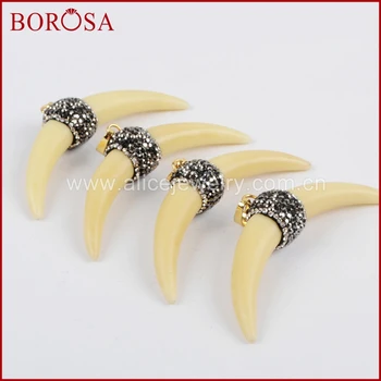 

BOROSA 8pcs natural ox bone Double horn pendant,Pave Rhinestone Crescent Pendant gems jewerly for necklace JAB629