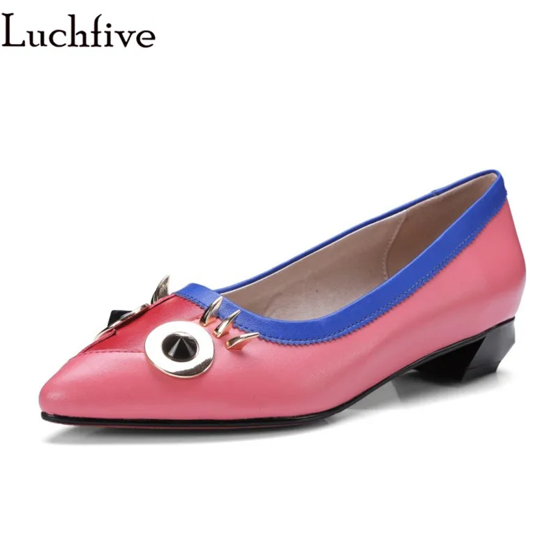 

Spring summer Spike rivets studded cow leather shoes women low heel Pumps pointed Toe candy color 2018 runway wedding shoes