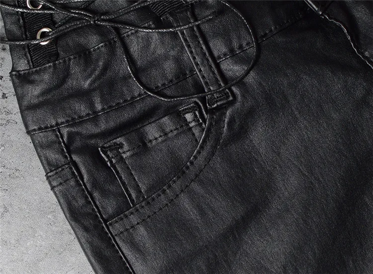 Stretch jeans stretch jeans for women's wear ultra high waist strap decorative coating leather stretch jeans PU large size (13)