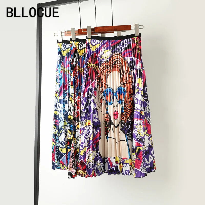 BLLOCUE Новая модная плиссированная летняя юбка с высокой талией женские цветные юбки до середины голени с рисунком героев мультфильмов