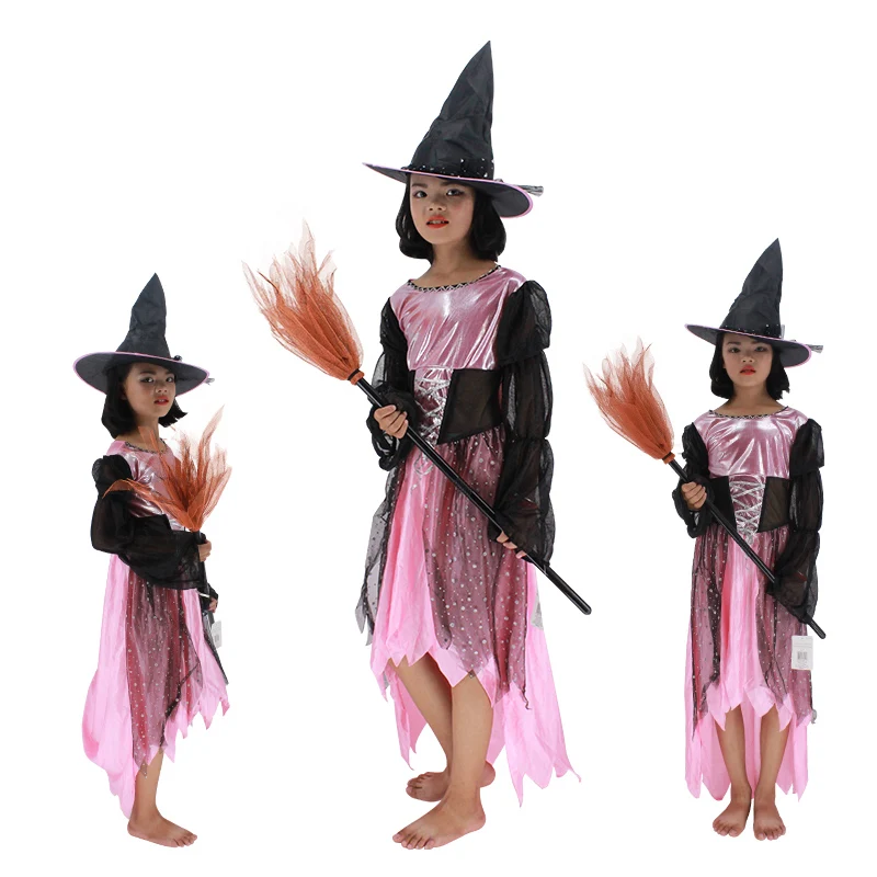 Halloween party cosplay kid child girl pink witch sorceress dress