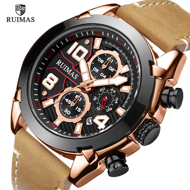 

RUIMAS Chronograph Watches Men Luxury Leather Strap Quartz Wristwatch Waterproof Watch Man Relogios Masculino Clock RL551 Rose