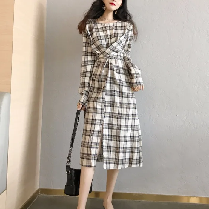 

Lychee Girls Vintage Plaid Lace Up Women Dress Long Sleeve Split Dresses Causal Straight Dress Female