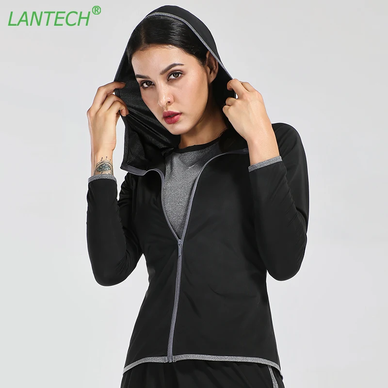 Lantech Для женщин Бег свитер с капюшоном куртка Slim Fit спортивный Йога молнии пробежки Спортивная Фитнес тренажерный зал с капюшоном одежда Топы корректирующие