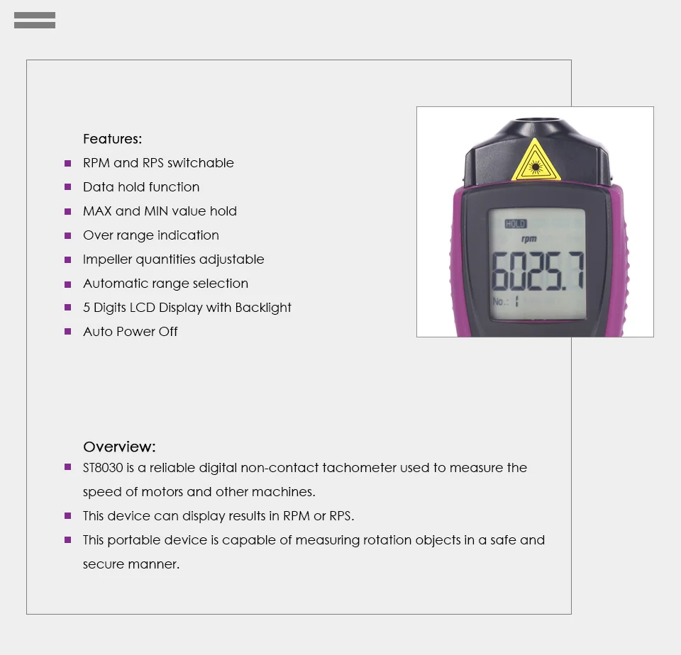 Nicetymeter ST8030 5-разрядный большой ЖК-дисплей Бесконтактный Скорость тестер ветер Скорость Датчик Портативный цифровой тахометр об/мин