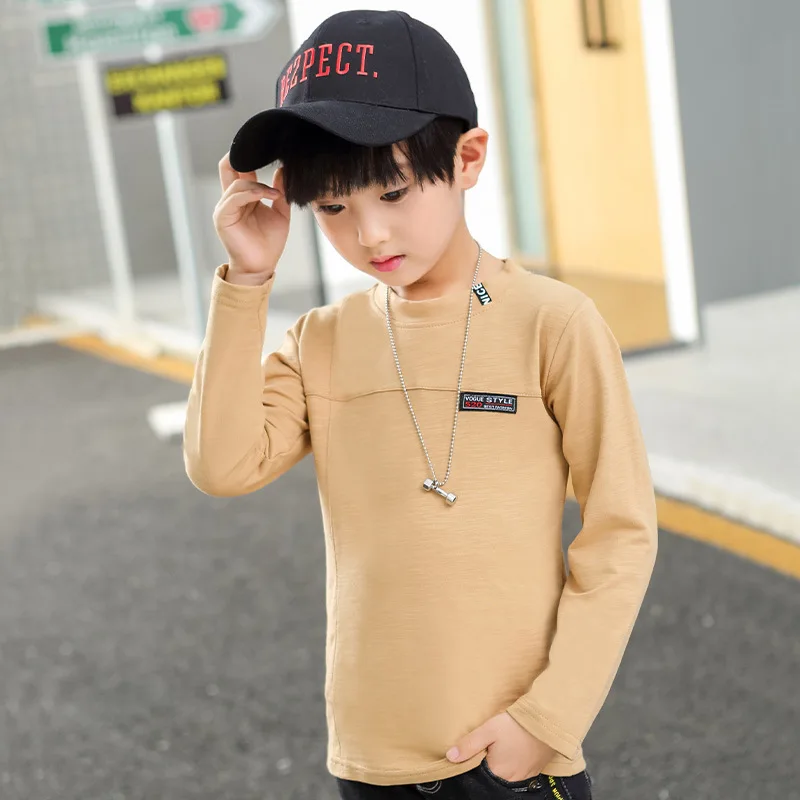 Китайская местная брендовая футболка для мальчиков красивые топы с круглым вырезом и длинными рукавами, 3 цвета, Детские футболки, осенняя одежда универсальный Повседневный Кардиган - Цвет: Khaki