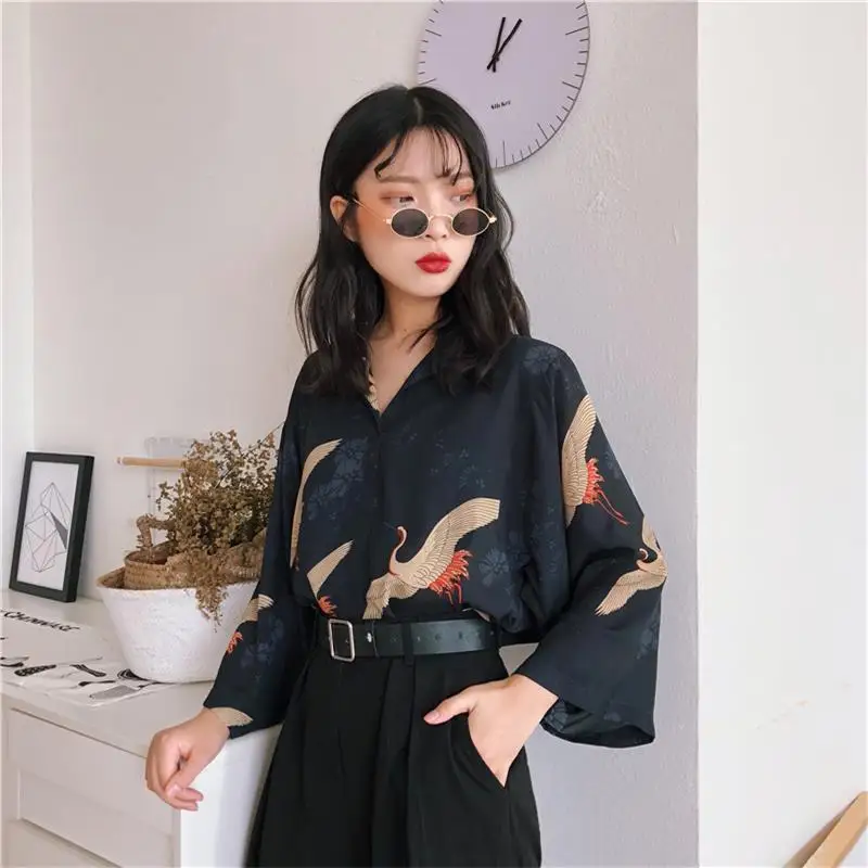 

Women's Blouses Clothes Japan Kawaii Ladies Retro Summer Style Vintage Crane Blouse Female Punk Harajuku Cute Tunic For Women