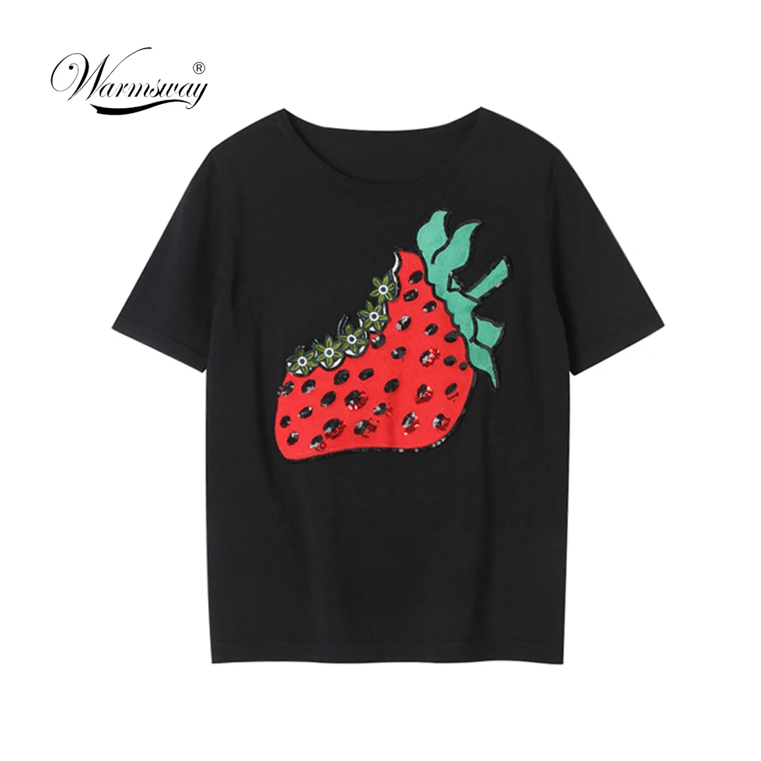 

Sequined Viscose Knitted Tees Summer T-shirt 2019 Short Sleeve Strawberry Appliques Casual Slim Fitted female Tops B-127