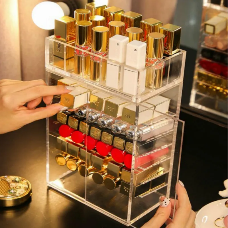 

Acrylic Cosmetic Display Rack for Lipstick Nail Polish Powder, 15cells+7rows, Transparent Makeup Organizer Box with Sliding Door