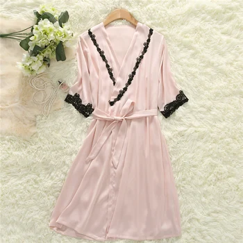 

Tops quality Nightwear plus size women pink Robes long sleeve sexy pajamas female bathrobe lace sleepwear lady ice silk bathrobe