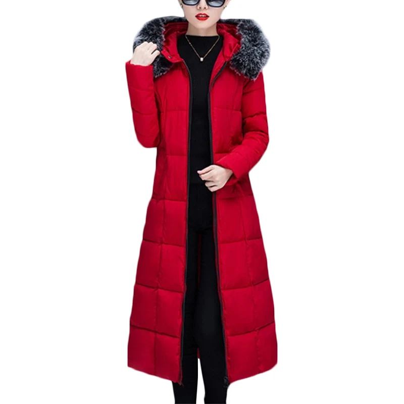 Осенне-зимнее новое длинное пуховое хлопковое пальто для женщин в Корейском стиле, толстая теплая хлопковая куртка для женщин с капюшоном и меховым воротником, большие размеры, пальто F781 - Цвет: Big red