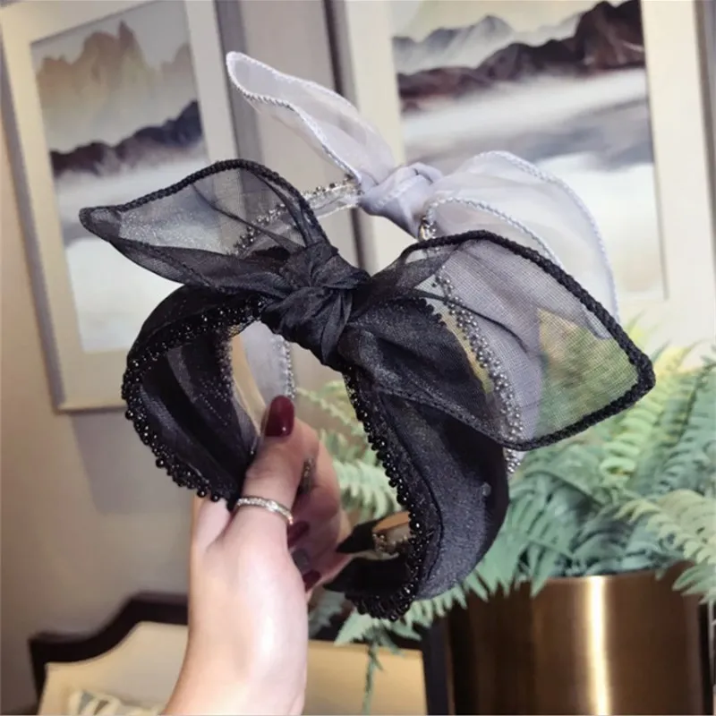 

New High-end luxury hair accessories small scented hair band mesh lace beaded bow wide-brimmed headband hair band headwear women