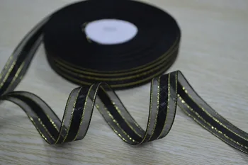 

5/8"(15mm) satin ribbon black gold onions sheer ribbon ,50yards/roll