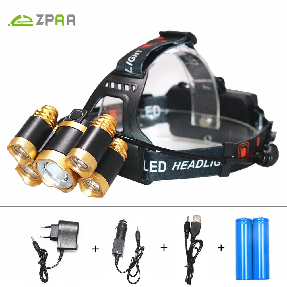 Powerful 5 LED 15000 Lumens Headlamp Rechargeable Zoomable Waterproof