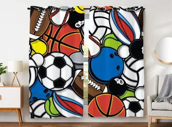 

HommomH Curtains (2 Panel) Grommet Top Darkening Blackout Room Football Basketball Baseball Colorful