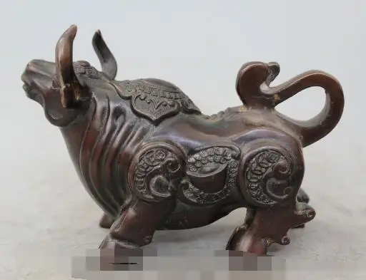 

S1093 7" Chinese Bronze animal money Fengshui Zodiac Year Bull Oxen sculpture Statue