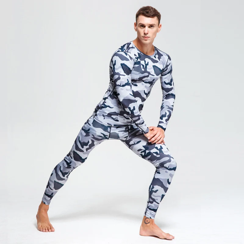 Зимний мужской костюм из 2 предметов, мужское термобелье, камуфляжный спортивный костюм, мужская одежда MMA, Рашгард, комплект, футболка для бодибилдинга, XXXL