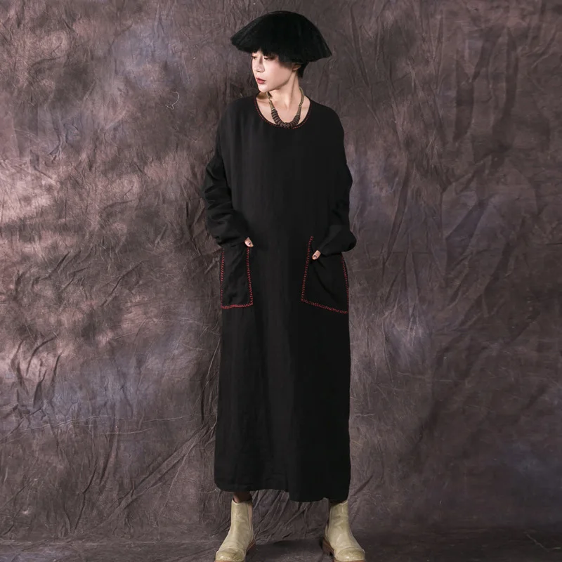 

Johnature Women Black Embroidery Dress 2019 Autumn New Linen Robes O-Neck Long Sleeve Plus Size Women Cloths Vintage Dresses