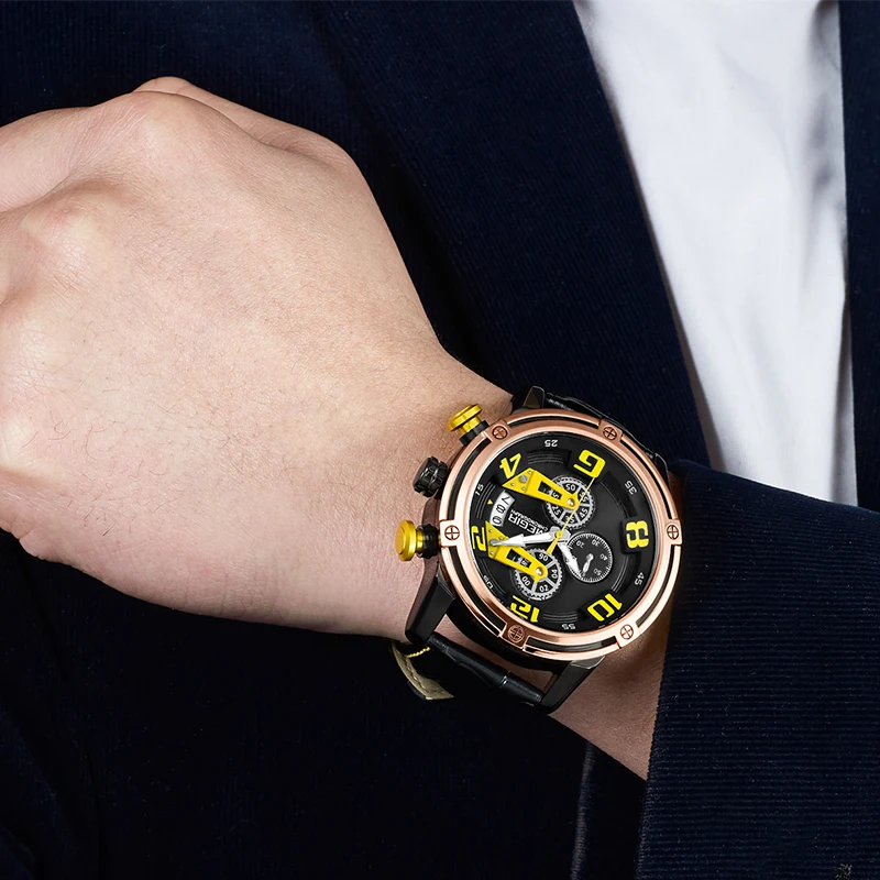 MEGIR Men's Genuine Leather Quartz Sports Watches Top Brand Luxury Military Stop Watch Waterproof W