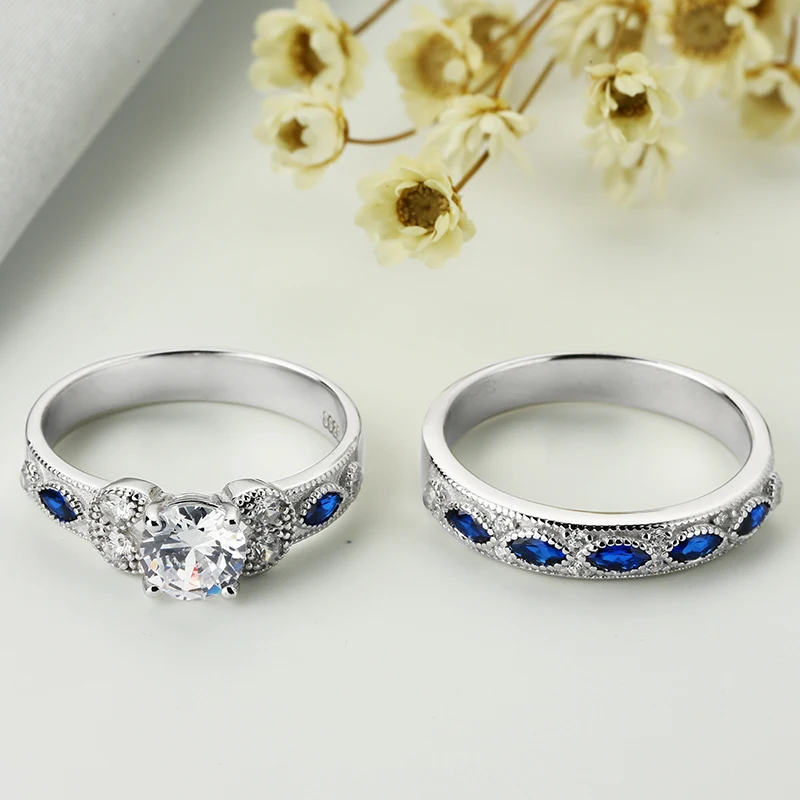 Valily Jewelry Wedding Rings 925 sterling silver couple rings for Bride Blue Oval Cubic Zirconia Round Band Ring for Women men