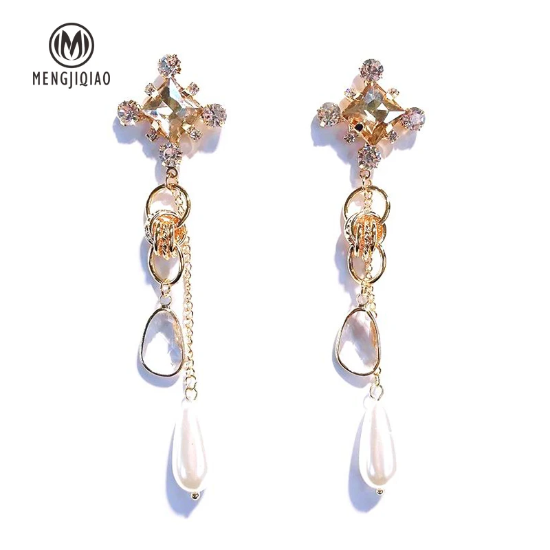 MENGJIQIAO 2019 Korean New Luxury Water Drop Crystal Simulated Pearl Pendant Long Earrings For Women Fashion Bijoux Party Brinco | Украшения