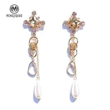 

MENGJIQIAO 2019 Korean New Luxury Water Drop Crystal Simulated Pearl Pendant Long Earrings For Women Fashion Bijoux Party Brinco
