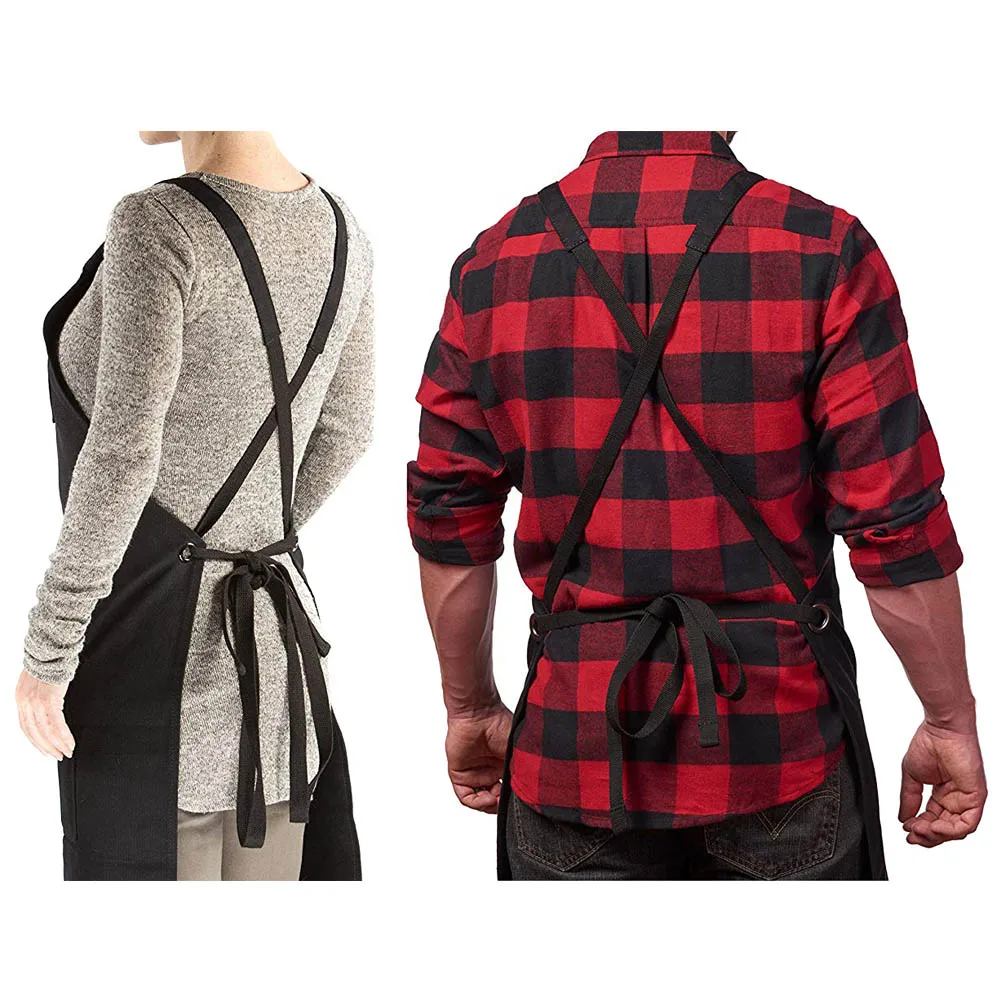 Work Apron Canvas Tool Pockets Cross-back Straps Adjustable For Barbecue Woodworking For Woman Man Apron Durable 27x34 inch TB