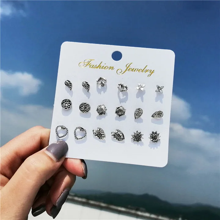 

Vintage Geometric Stud Earrings Set For Women Girls 2019 Fashion Bead Stone Flower Small Earrings Boucle d'oreille Femme Gifts