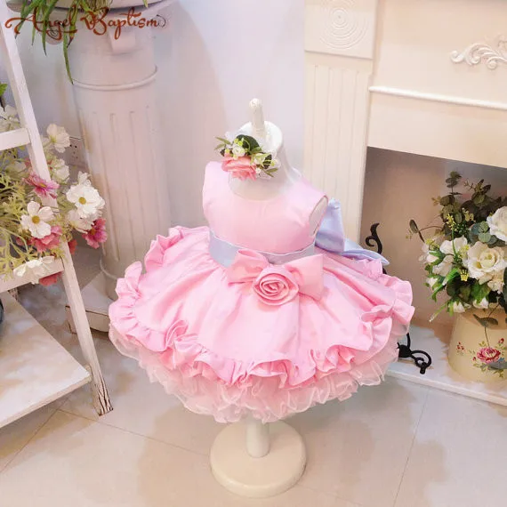 Короткое бальное платье; Детские Платья с цветочным рисунком; розовое платье с оборками для малышей; платье для первого дня рождения; наряд для пасхального торжества для девочек