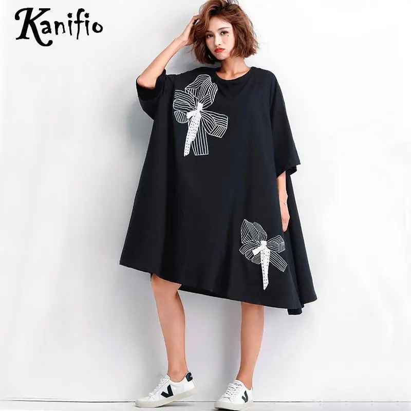 

Kanifio Oversized Plus Size Women Fashion Print Summer Cotton Dress Lady Casual Loose Shirt Dresses Female Tunic Vestidios Black