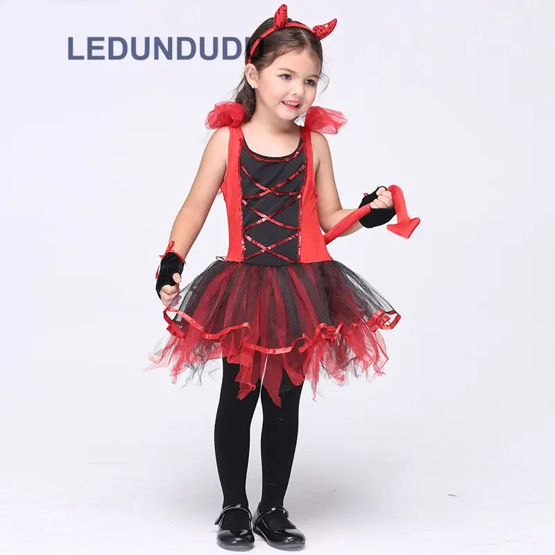 Kids Little Devil Halloween Party Cosplay Costume Girls Red Horror Phantom Cosplay Dress with Arrows Tail (7)