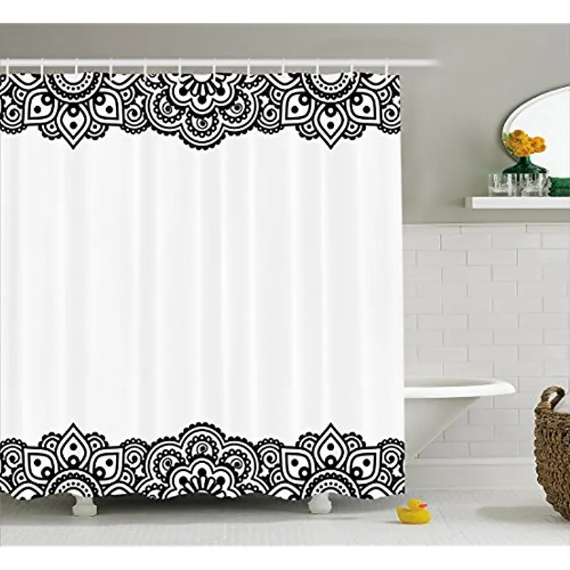 

Vixm Henna Shower Curtain Damask Inspired Border Design Folkloric Mehendi Curls Flowers Retro Cultural Fabric Bath Curtains