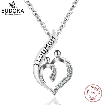 

EUDORA Authentic 925 Sterling Silver I Love Mom Gift For Mother Pendant Heart CZ Necklace for Women Trendy Jewelry D380