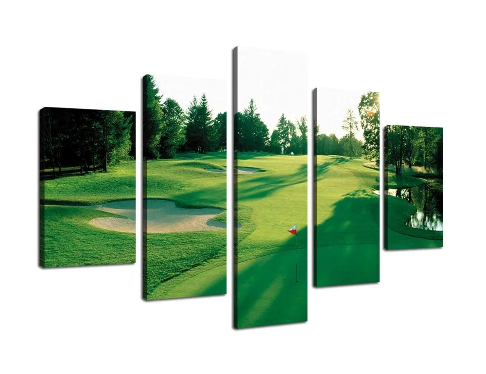 Wall Pictures for Living Room Home Decor Canvas Prints Green Grass Golf Course Field Artwork Painting for Bedroom Dinner Room Modern Landscape 5 Panel Posters and Prints Framed
