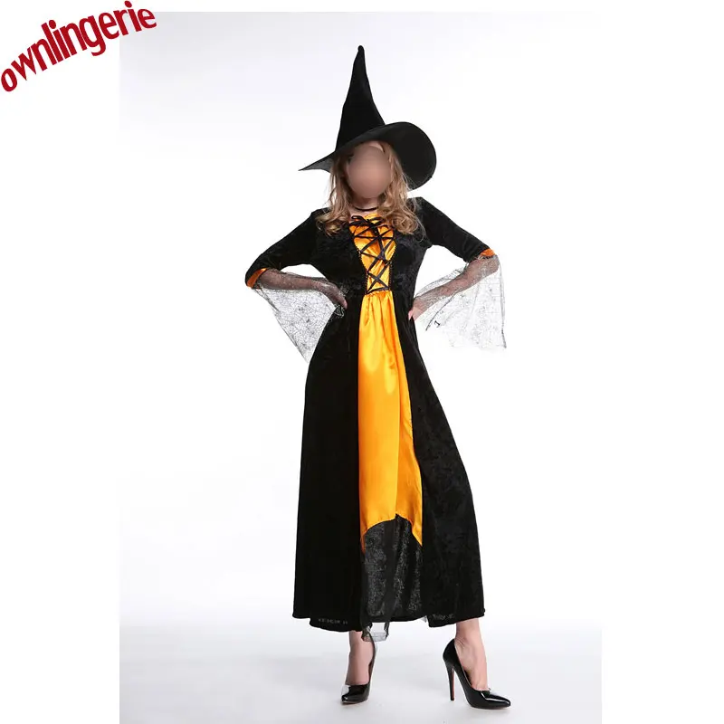 

New style Halloween Witch Robe Costumes Adult Sexy yellow and black long robe with Hat Carnival Party Female Suit w1928