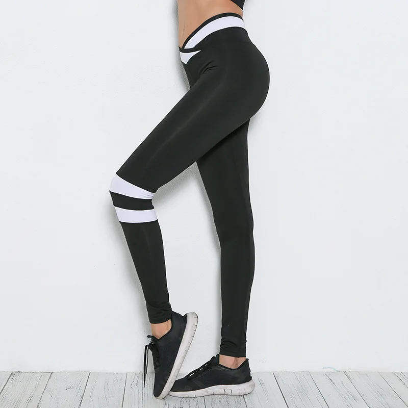 

Autumn 2017 New Cross Black White Striped Leggings Women Knitted Cotton Spandex Casual High Waist Leggins Fitness Sportswear