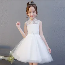 2019 Summer New Infant Children Solid White Color Evening Birthday Party Princess Lace Dress Girls Kids Piano Performance Dress