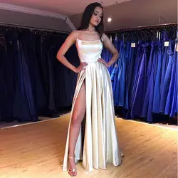 2019 сексуальное вечернее платье длинное светло-Золотое атласное платье Vestido Elegante Criss с открытой спиной с разрезом формальное платье Robe De Soiree