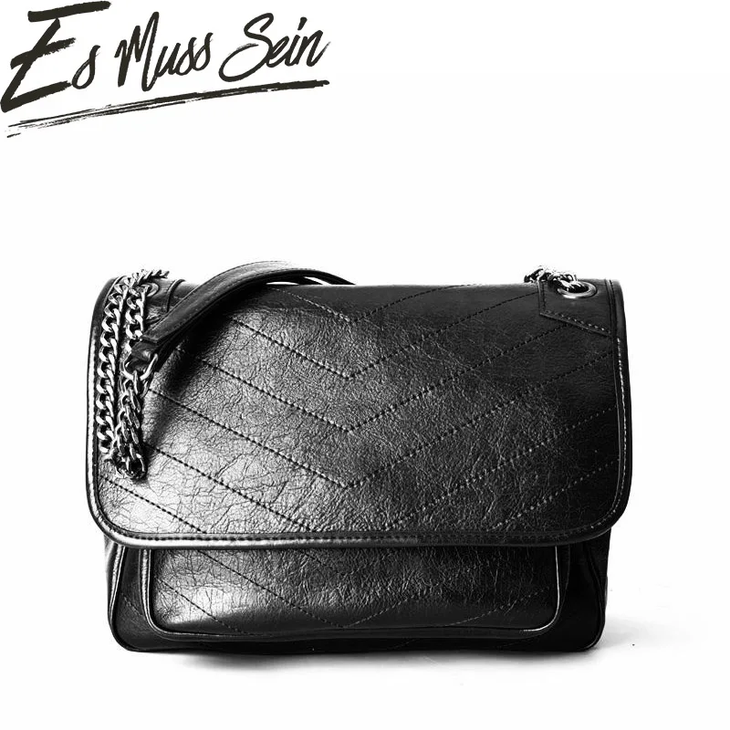 

EsMussSein Vintage Genuine Leather Chain Shoulder Bag Female Soft Wrinkle Leather Tote Black Handbag Women Crossbody Cover Bag