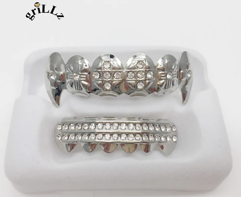 Grillz Brand Crystal Stones Silver PLATED VAMPIRE HIPHOP TEETH GRILLZ TOP & BOTTOM GRILL SET