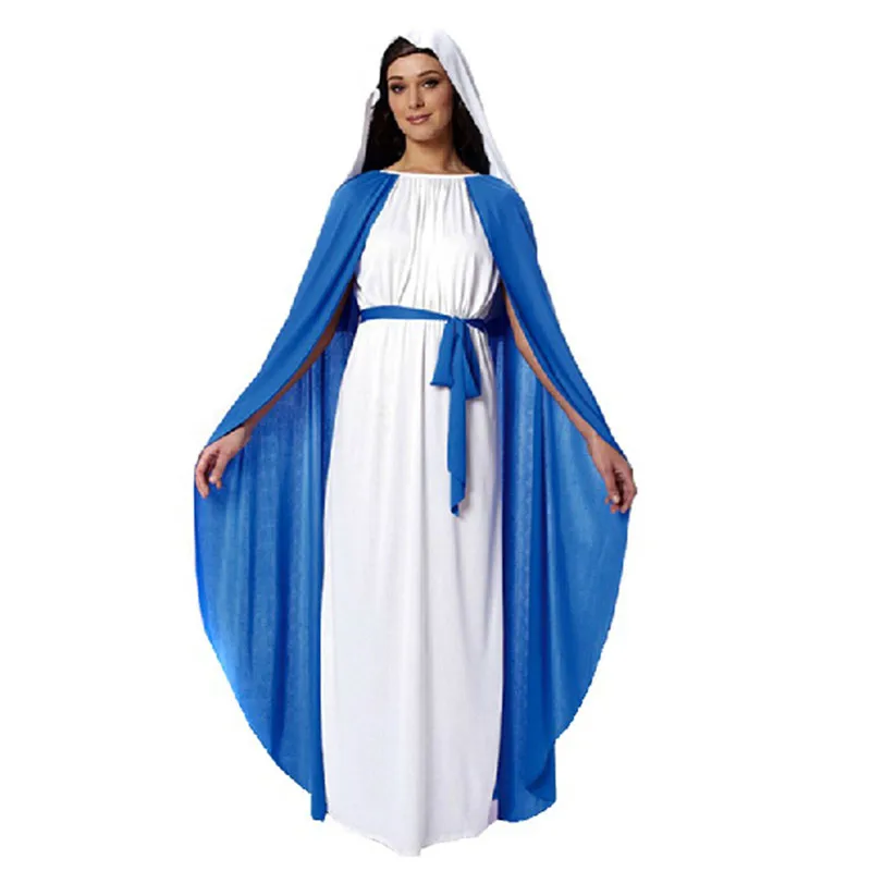 

Womens Nun Costume Virgin Mary Religious Sister Blue&White Halloween Costume Mother of God Clergyman Jesus Clothing Cosplay