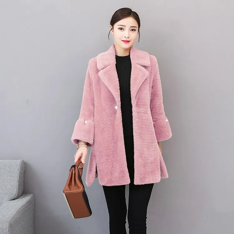 Nouveau Manteaux Turn Bouton bleu Longue down En Printemps Flare Col Casual rose Outwear Fourrure kaki Beige Femmes Manches Lâche Fausse Automne rcW4rSUq