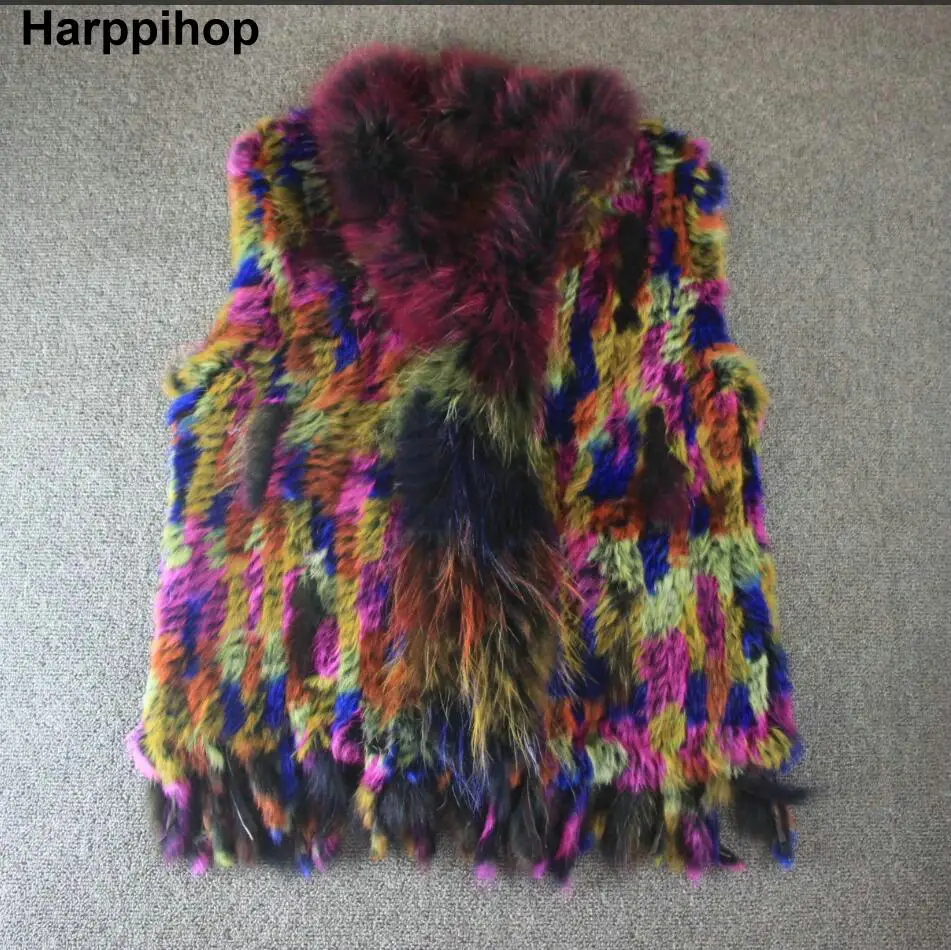 Harppihop natural real rabbit fur vest with raccoon fur collar waistcoat jackets multicolor rabbit knitted winter