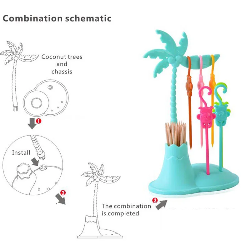 FHEAL Cute Coconut Tree Monkeys Creative Fruit Fork Set Plastic Fruit Forks Vegetable Fruit Dessert Fork Set Toothpick Holder (3)