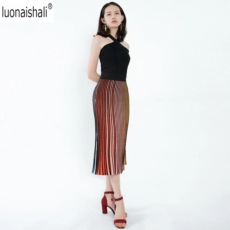 Универсальная Женская длинная Плиссированная юбка с высокой талией, женская трикотажная юбка с эластичной резинкой на талии, модная разноцветная полосатая средняя удлиненная юбка