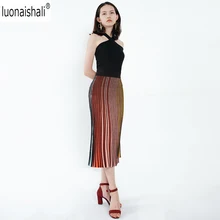 Универсальная Женская длинная Плиссированная юбка с высокой талией, женская трикотажная юбка с эластичной резинкой на талии, модная разноцветная полосатая средняя удлиненная юбка