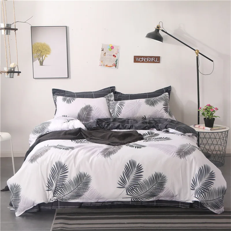 

White Black Leaf Pattern Home Textile Bed Linens 4Pcs Bedding Sets Bed Set Duvet Cover Bed Sheet Mans Cover Set Queen King Size